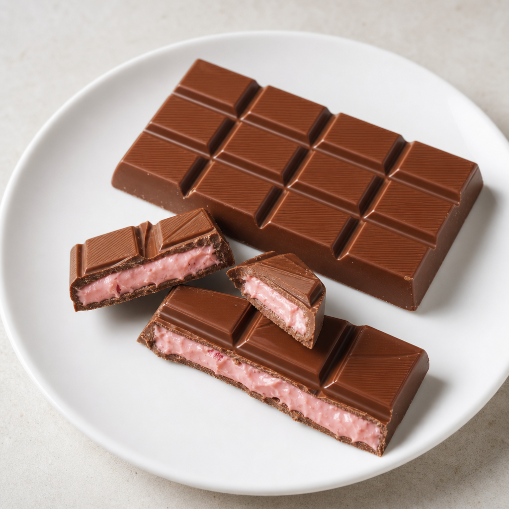 Barra sabor chocolate con relleno sabor frutilla