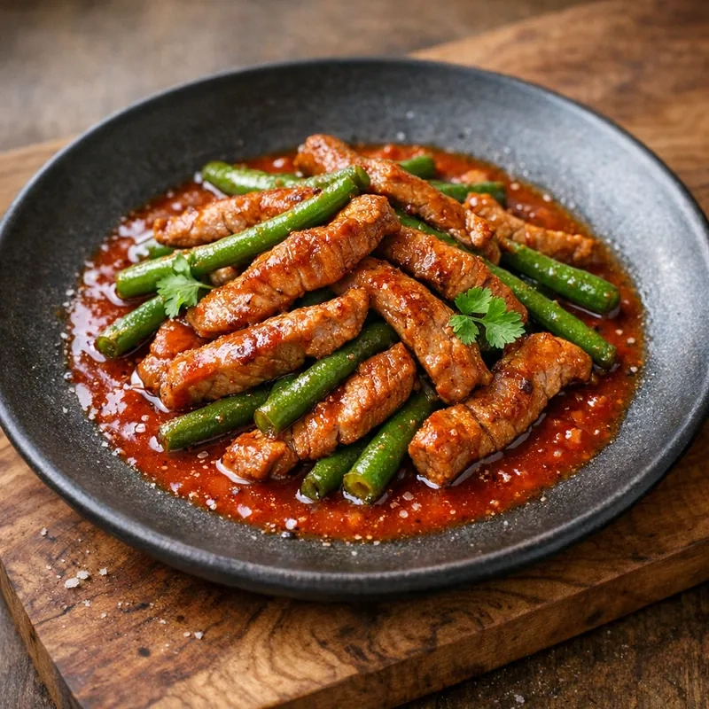 Cerdo Magro Salteado con Ejotes en Salsa Roja