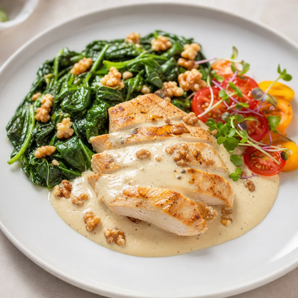 Pechuga de Pollo Crema de Queso, Espinacas y Nuez de Castilla