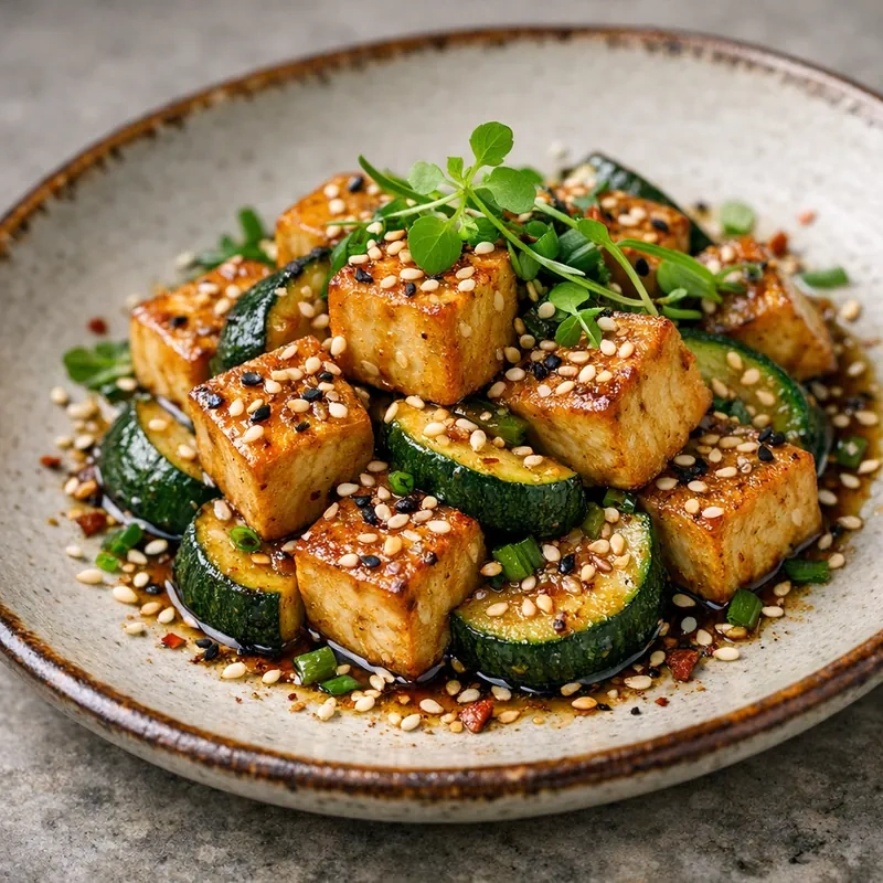 Tofu Firme Salteado con Calabacita y Ajonjolí