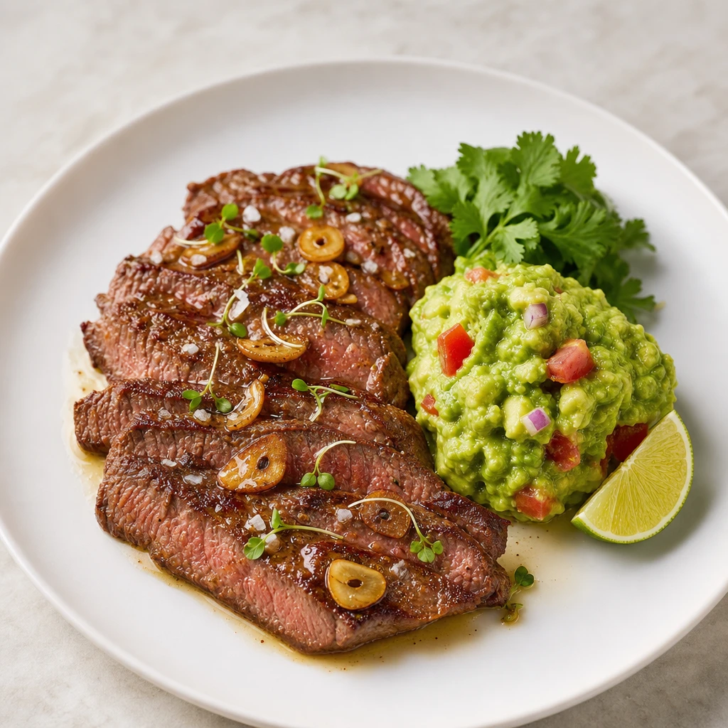 Bistec Magro de Res al Ajillo Suave con Guacamole