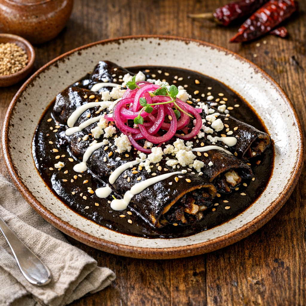 Enmoladas Oaxaqueñas en Mole Negro