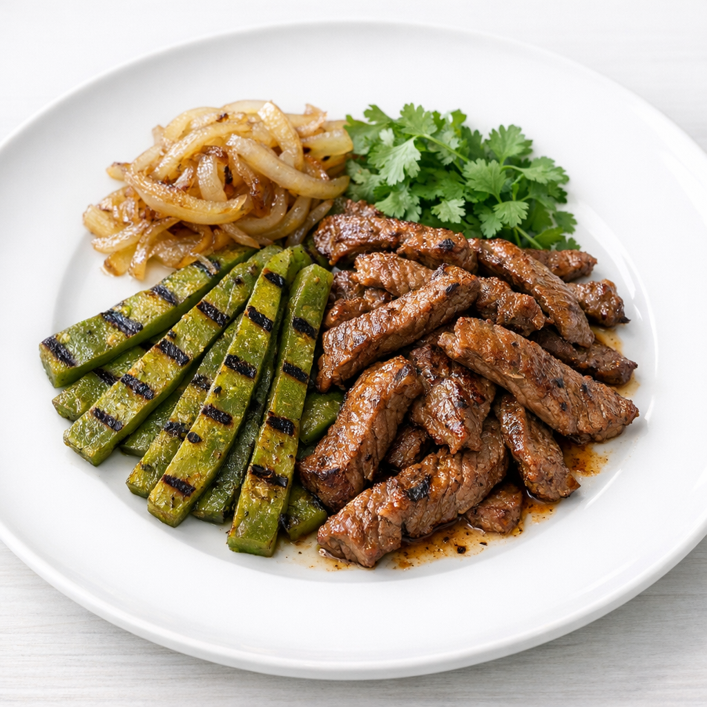 Res Magra Salteada con Nopales Asados al Comal