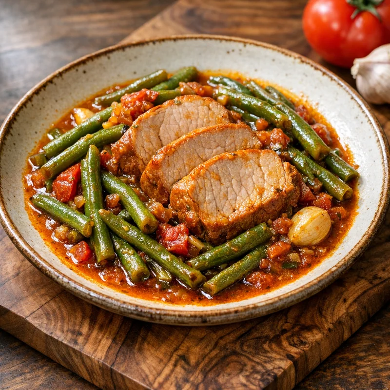 Lomo de Cerdo Magro en Guisado de Ejotes con Ajo