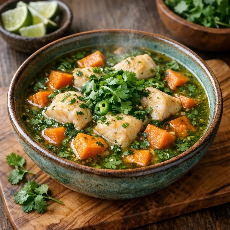 Caldillo de Camote y Pescado al Cilantro