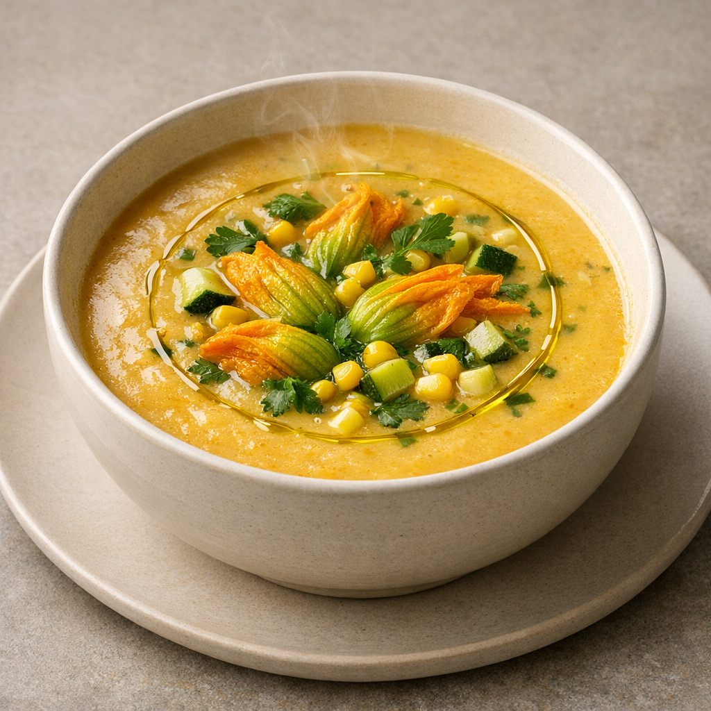 Crema de Flor de Calabaza con Hilo de Oliva