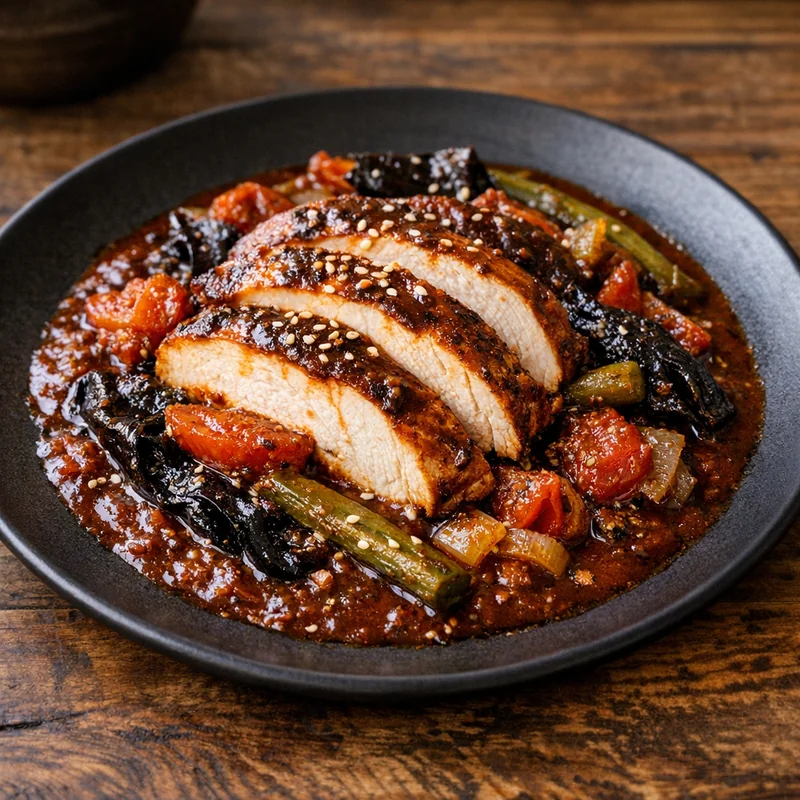Pechuga de Pavo en Salsa de Chile Pasilla con Tomate