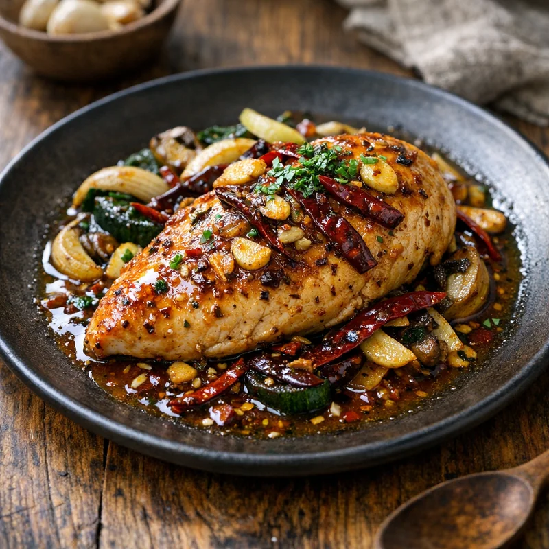 Pechuga de Pollo Orgánica al Ajillo con Tiras de Chile Guajillo