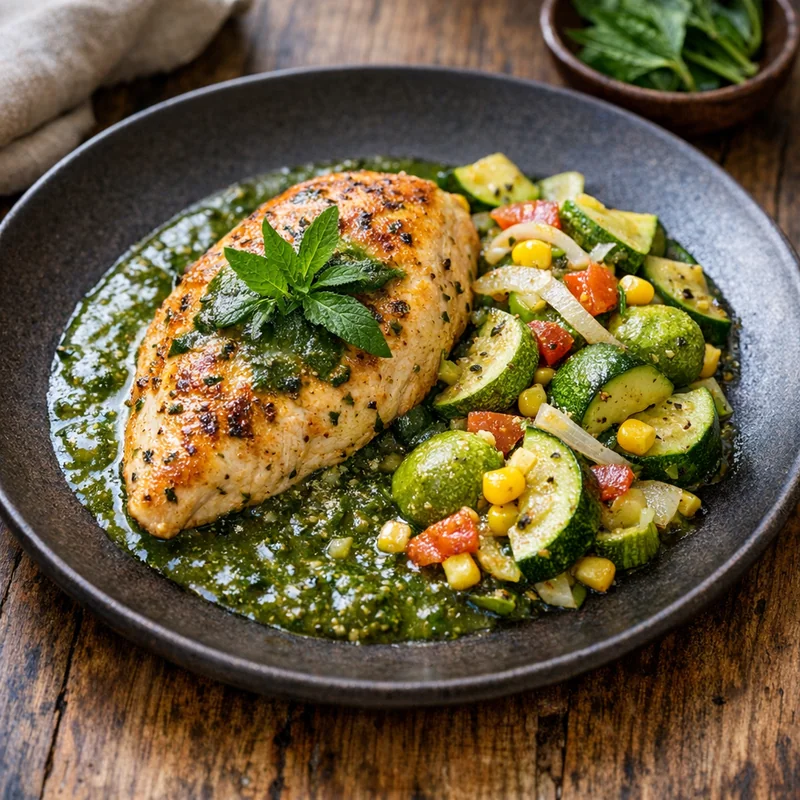 Pechuga de Pollo Orgánica al Epazote con Calabacitas Criollas