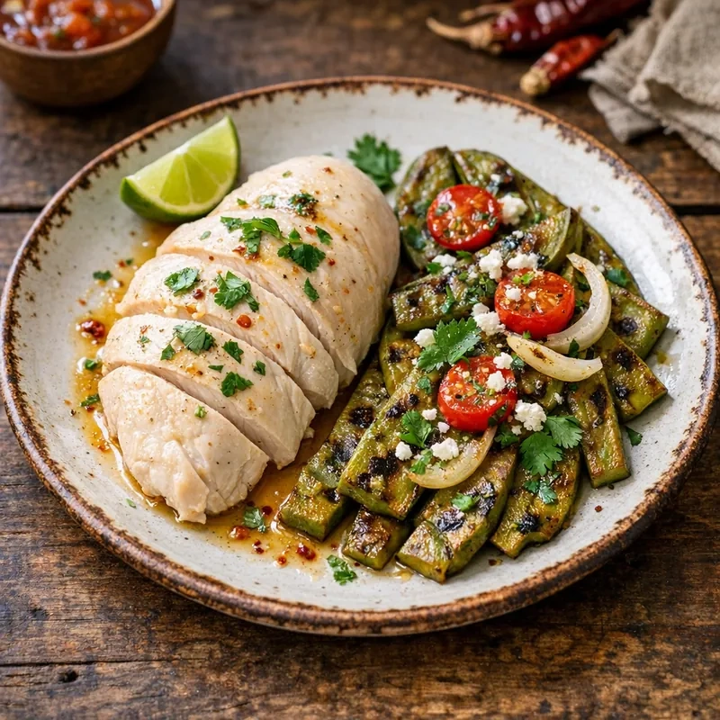 Pechuga de Pollo al Vapor con Nopales Asados