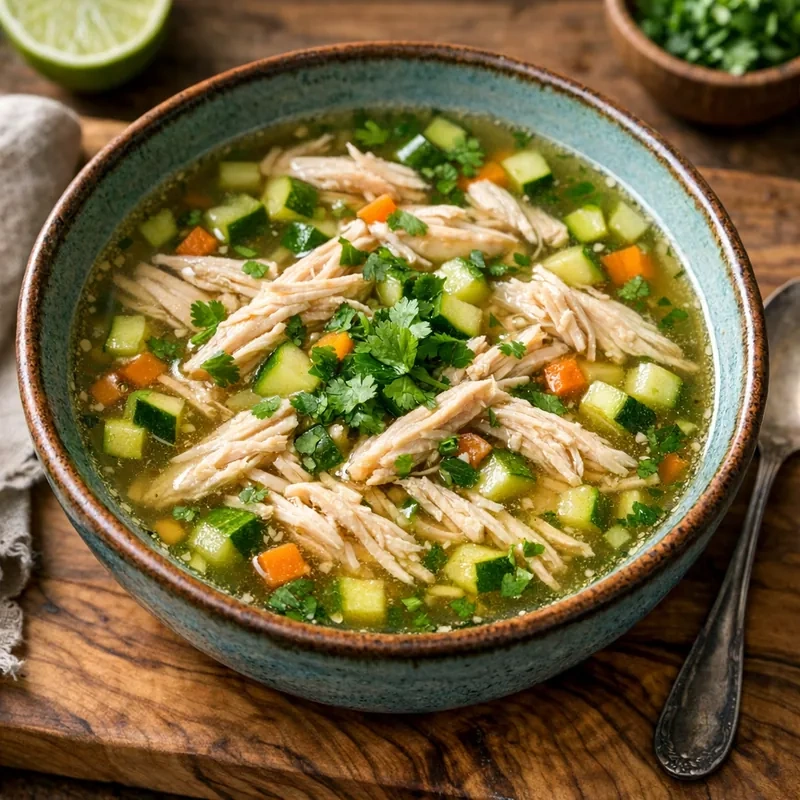 Consomé Claro de Pollo Deshebrado con Verduras