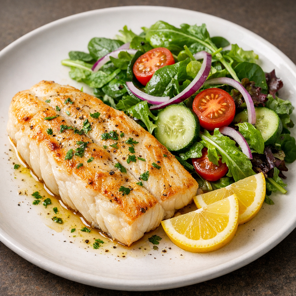 Filete de Pescado Blanco a la Plancha con Ensalada