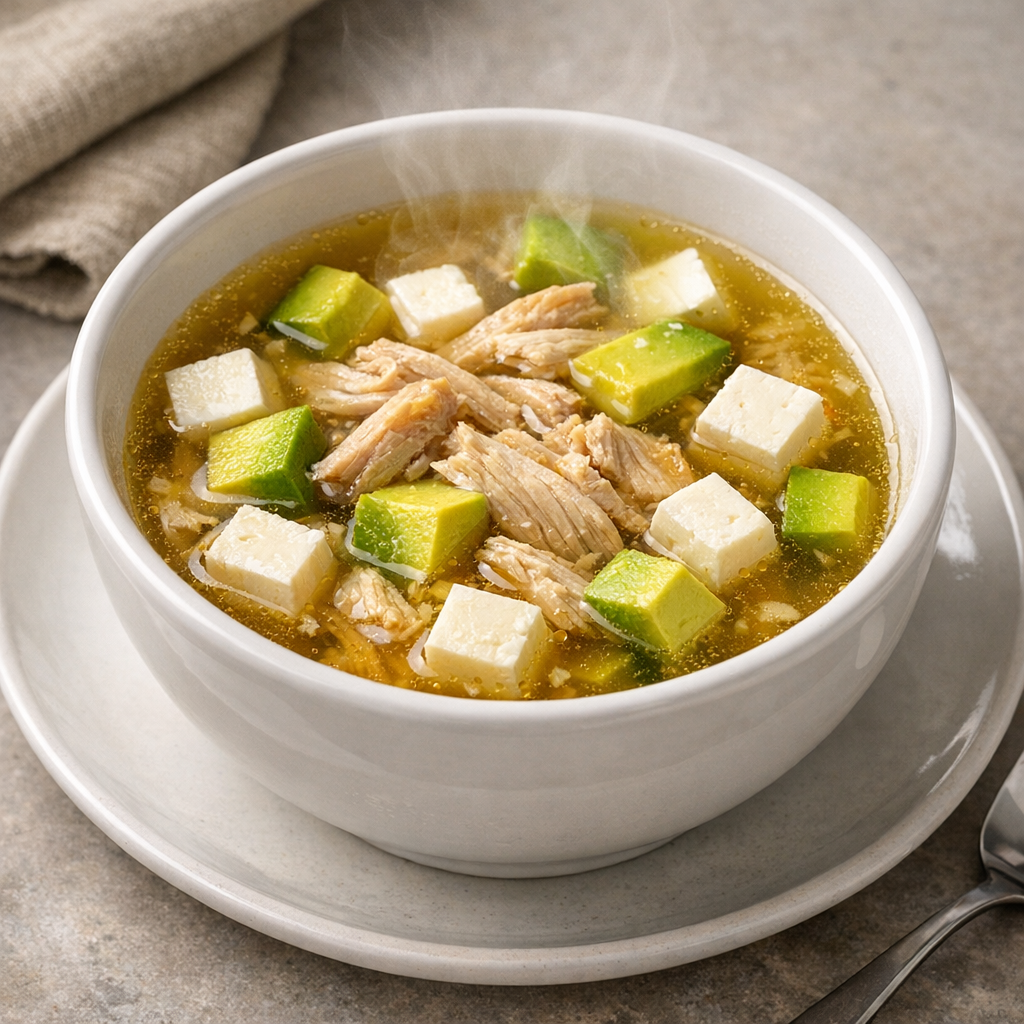 Consomé Claro de Pavo con Aguacate y Panela