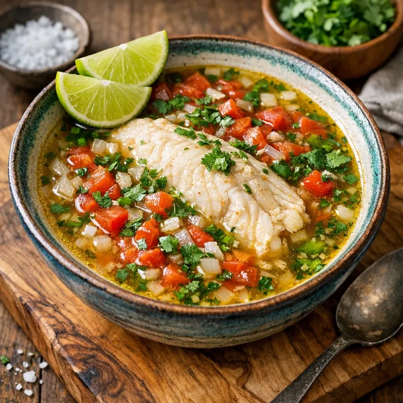 Caldo de Pescado Blanco con Limón y Cilantro