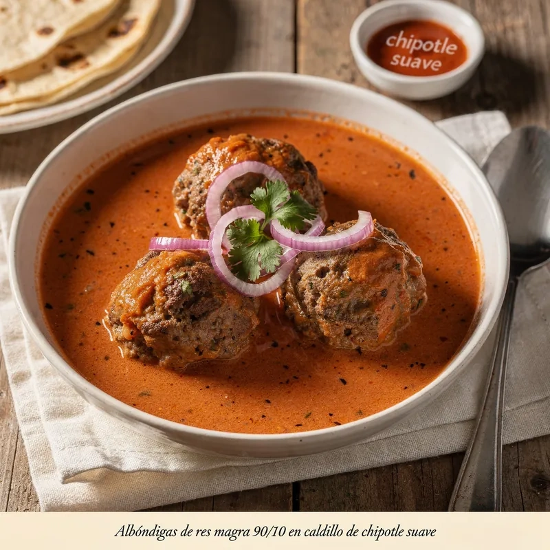 Albóndigas de Res Magra en Caldillo de Chipotle