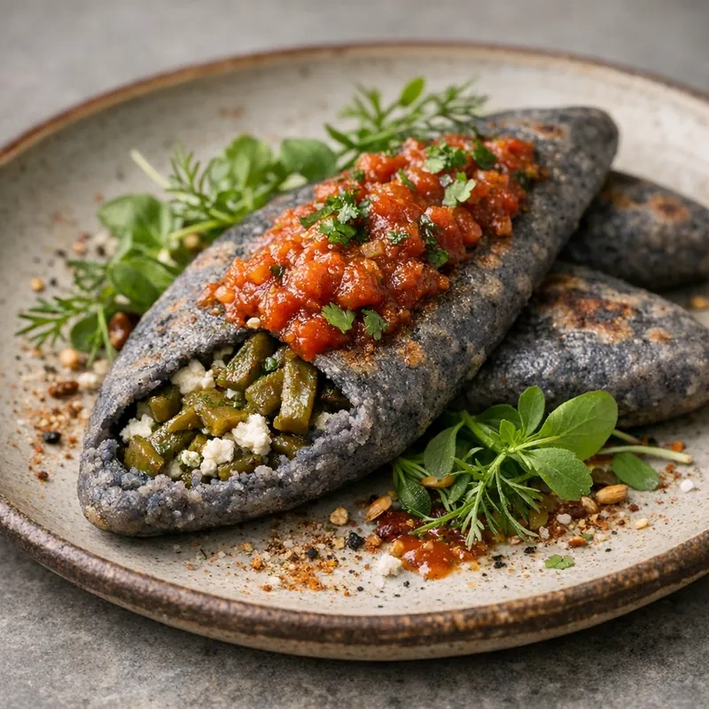 Tlacoyos de Maíz Azul Rellenos de Nopales Bajo Ig