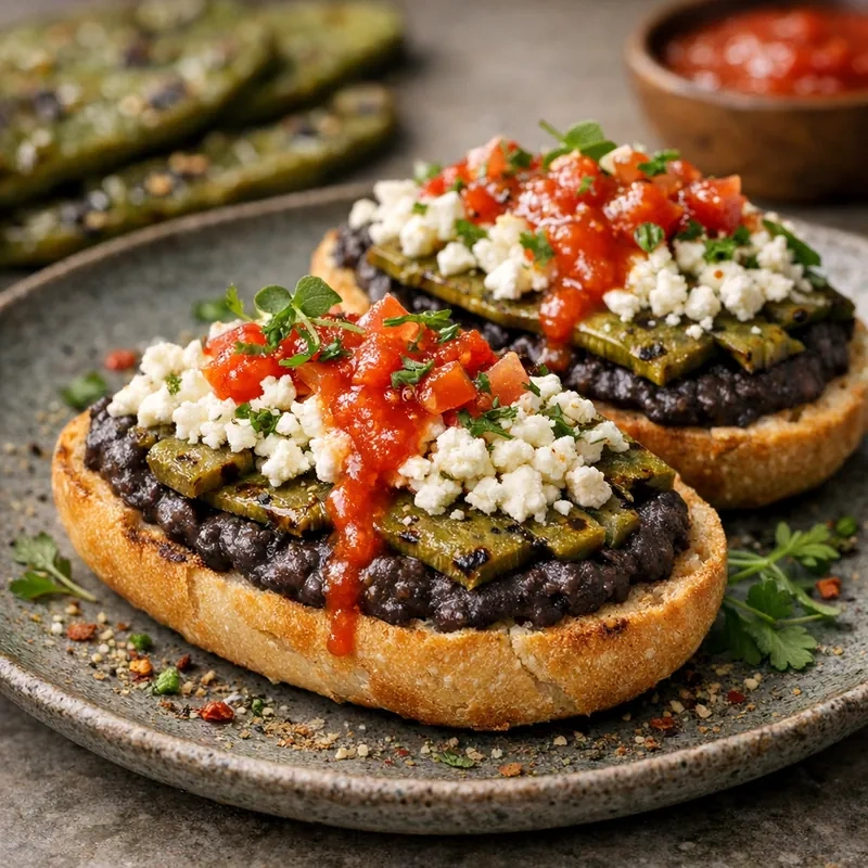 Molletes de Nopal Asado con Frijol