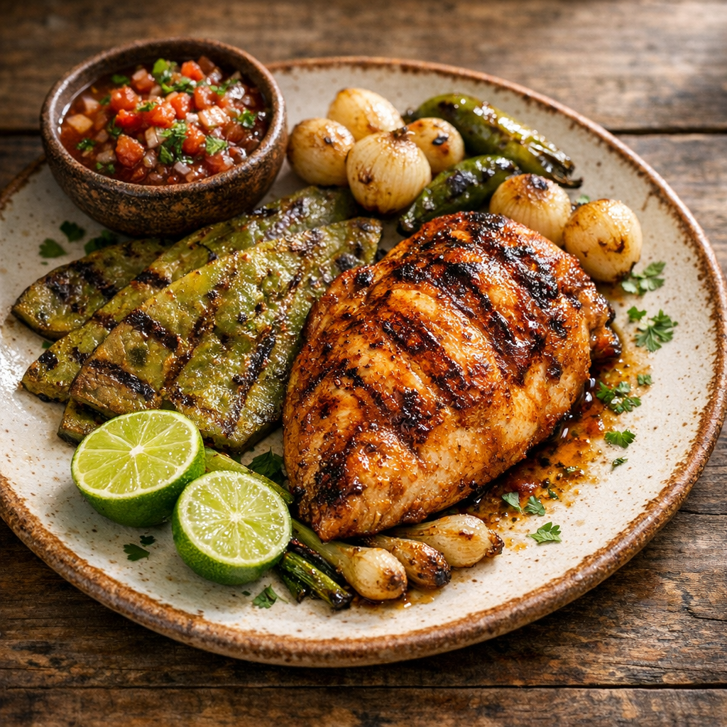 Pechuga de Pollo a la Parrilla con Nopales Asados