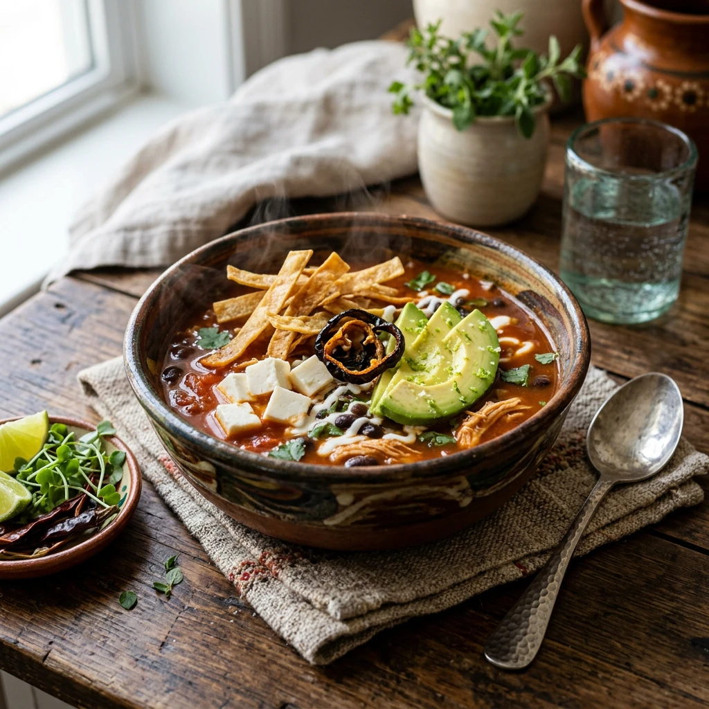 Sopa Azteca Tradicional de Tortilla con Aguacate y Panela