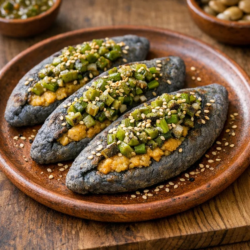 Tlacoyos de Maíz Azul al Comal Rellenos de Haba