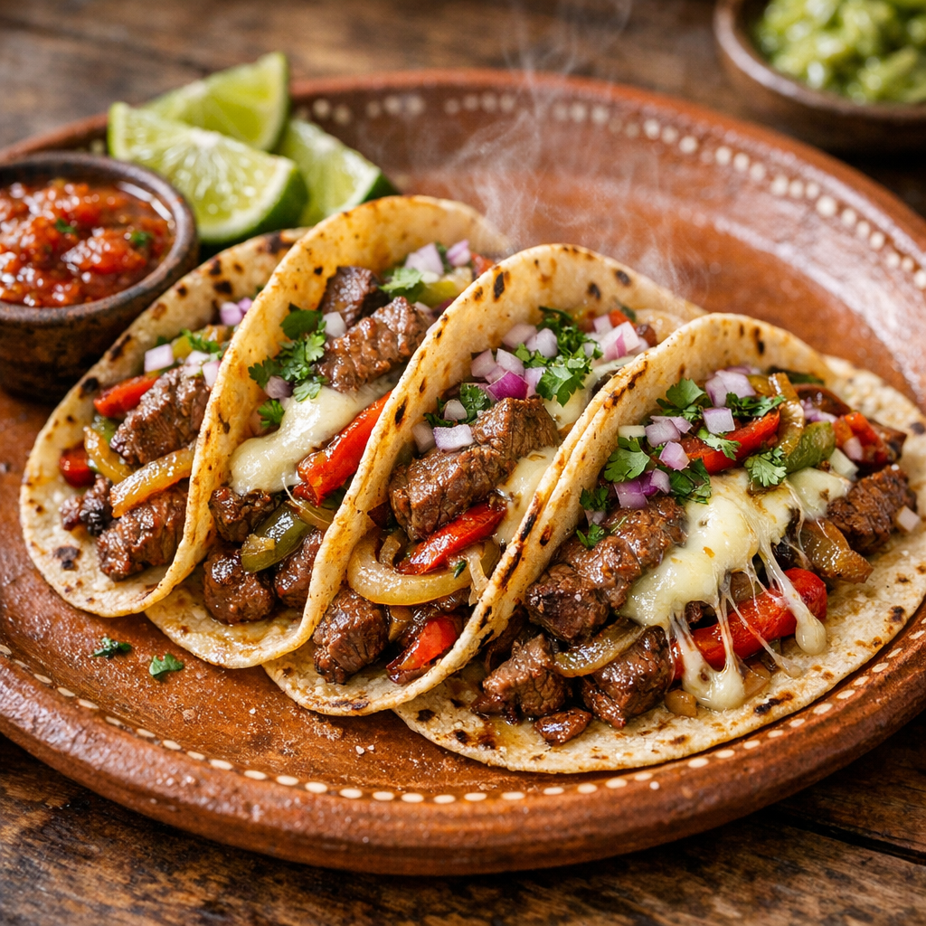 Tacos de Fajitas de Res con Oaxaca