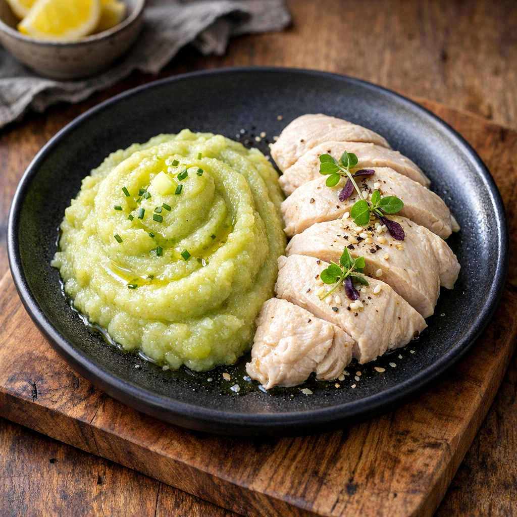 Puré de Chayote y Pollo al Vapor