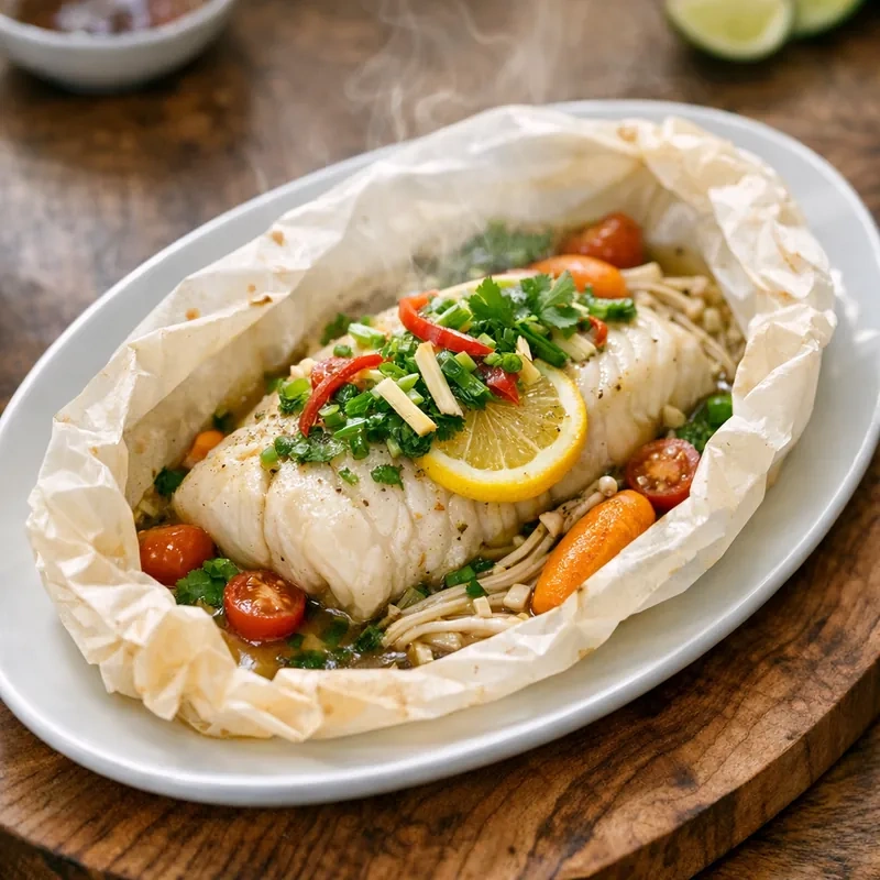 Filete de Pescado Blanco Empapelado al Vapor