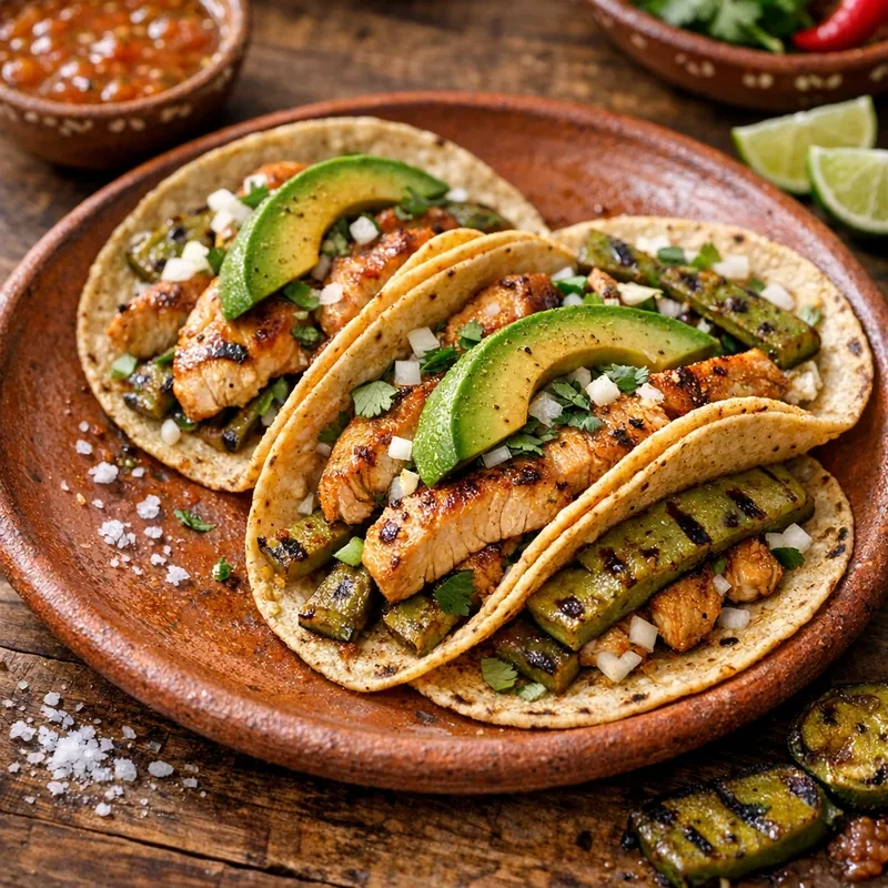Tacos de Pechuga de Pollo con Aguacate y Nopales