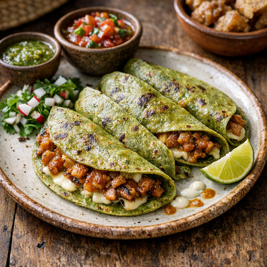 Quesadillas de Chicharrón en Tortilla de Nopal