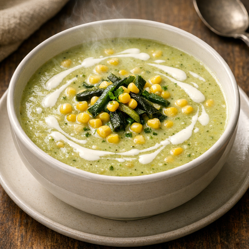 Crema de Poblano con Granos de Elote Tierno