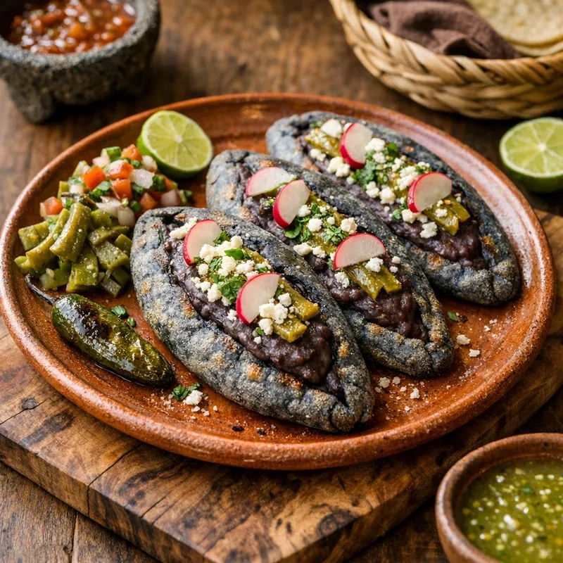 Tlacoyos de Maíz Azul con Frijol Colado