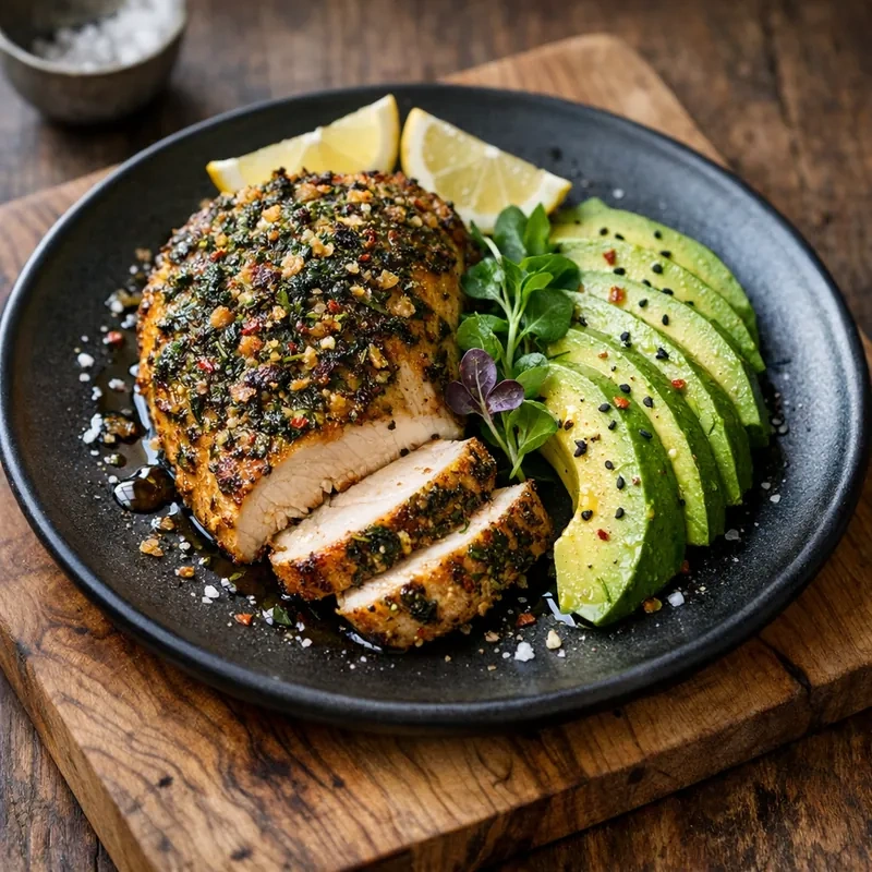 Pechuga de Pollo con Costra de Hierbas y Aguacate