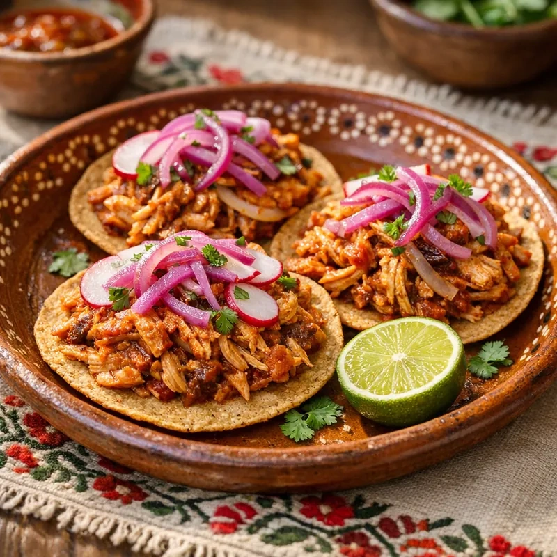 Tinga de Pollo Deshebrado Sobre Tostadas de Maíz Horneadas