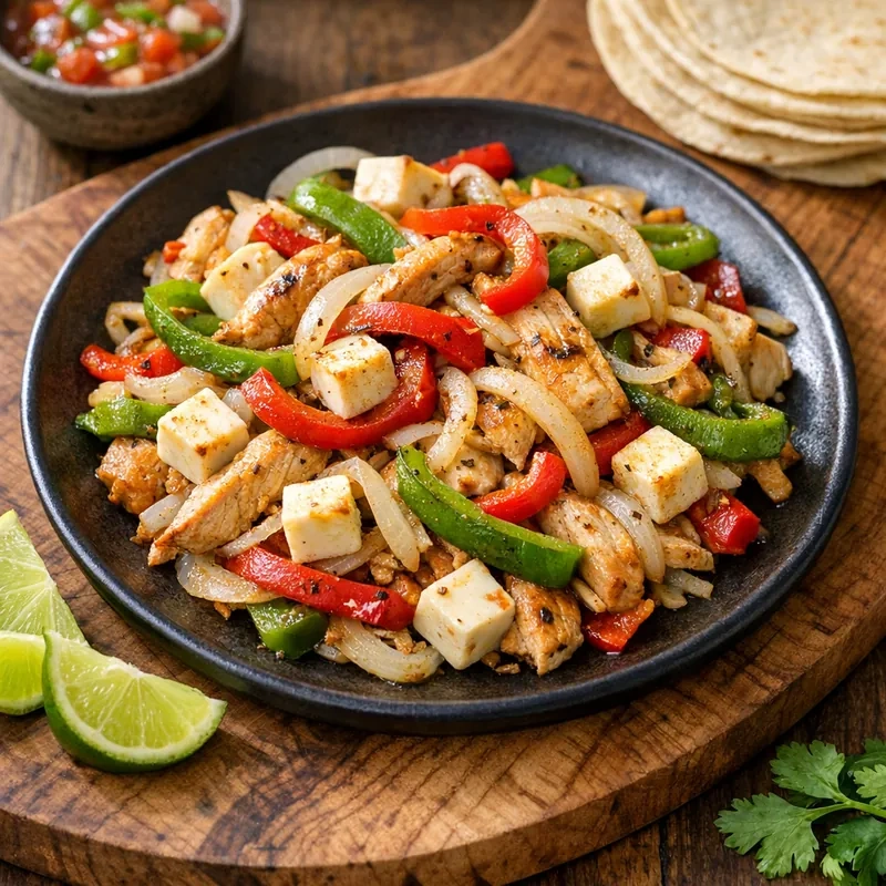 Alambre de Pechuga de Pollo con Pimientos y Queso Panela