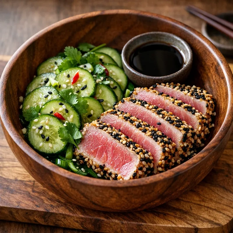 Atún Sellado con Ajonjolí y Ensalada de Pepino