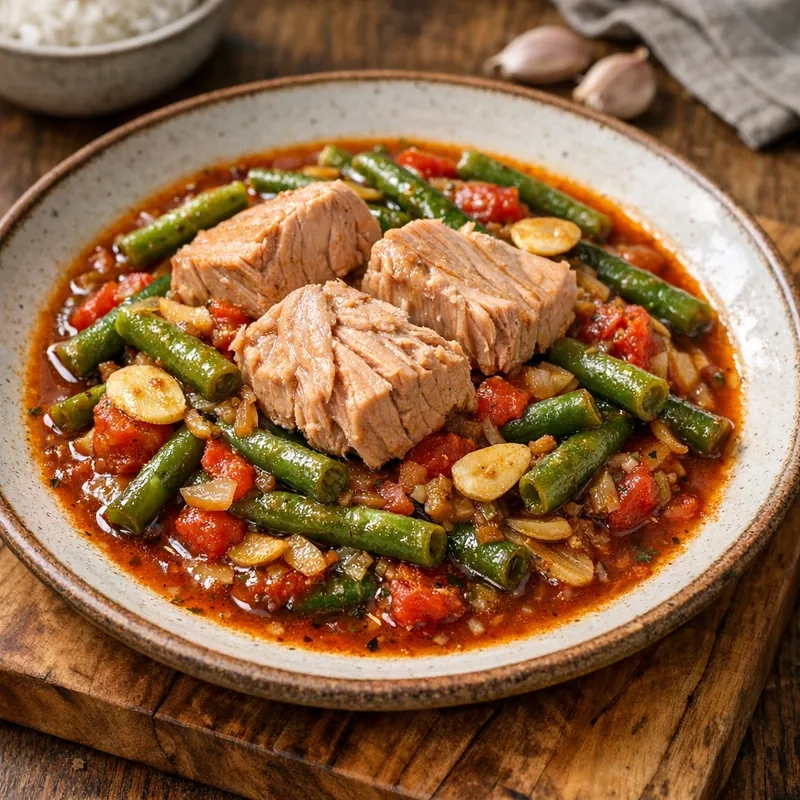 Atún en Agua en Guisado de Ejotes con Ajo