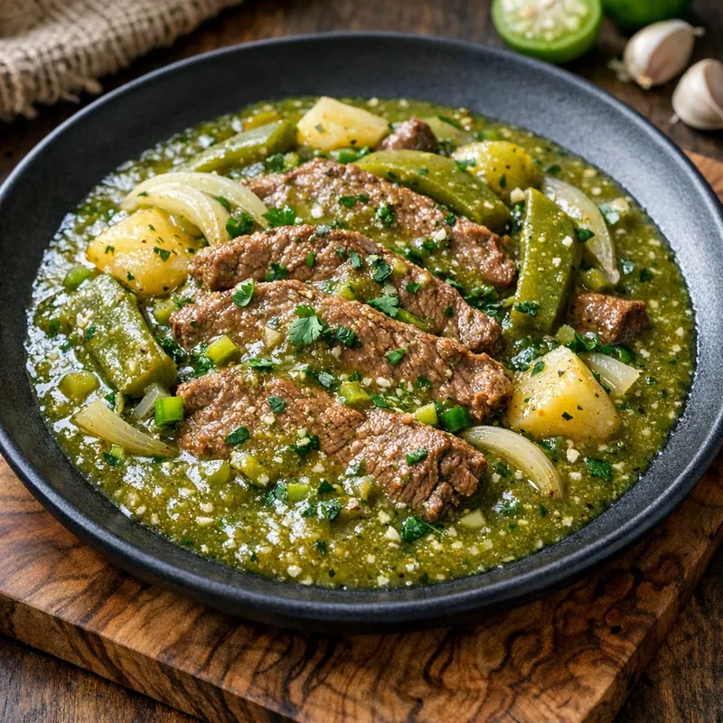 Bistec Magro de Res en Salsa Verde de Tomatillo