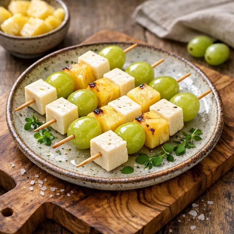 Brochetas de Uva, Queso Panela y Piña
