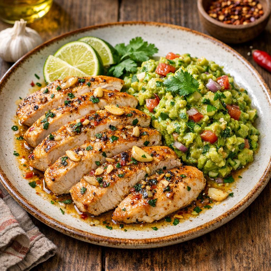Pechuga de Pavo al Ajillo Suave con Guacamole