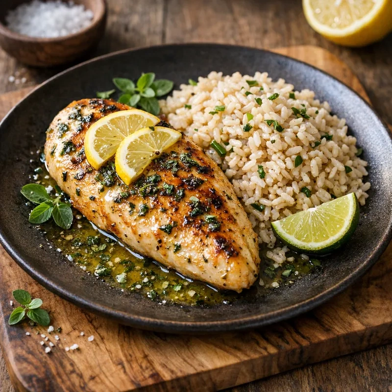 Pechuga de Pollo al Limón y Orégano con Arroz