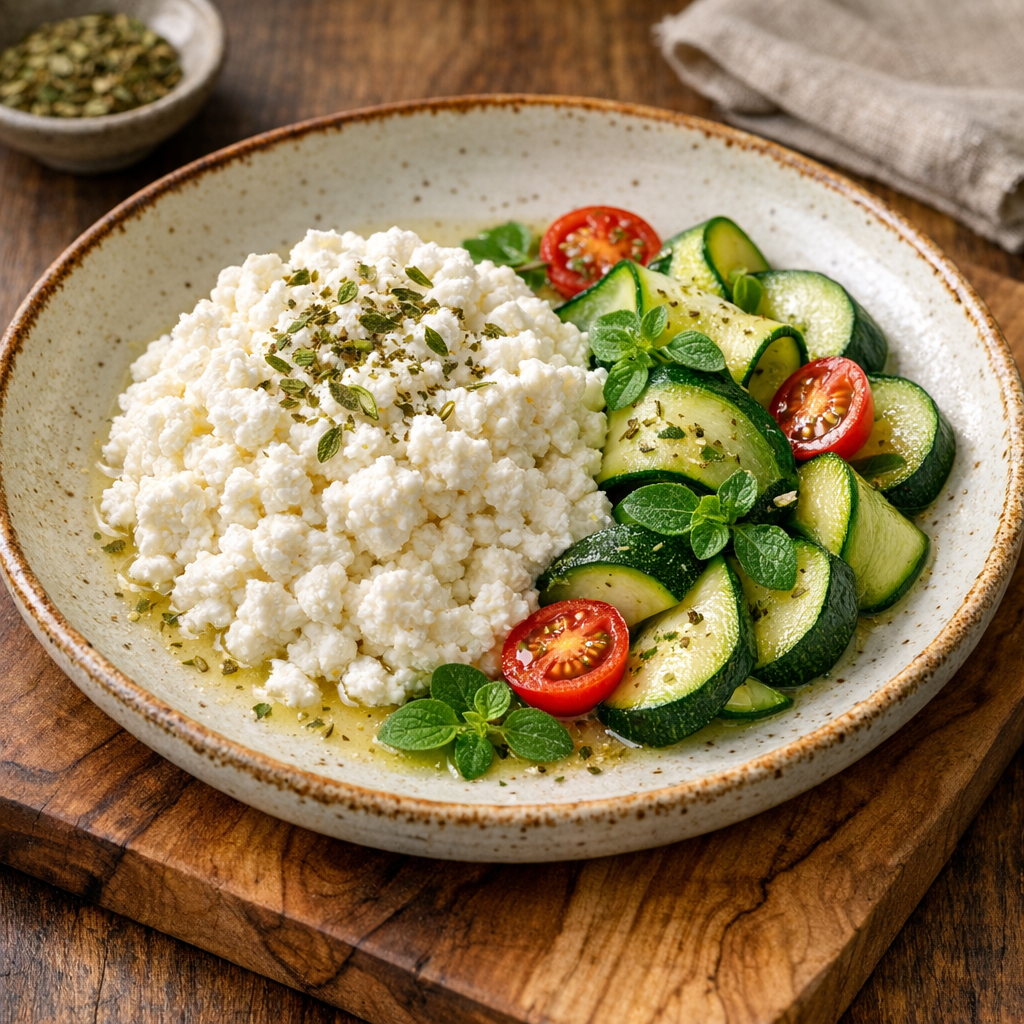 Requesón Magro al Vapor con Zucchini y Orégano