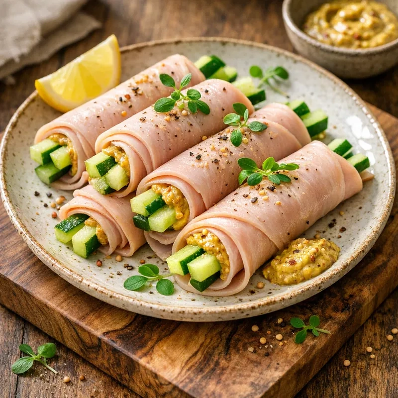 Rollitos de Pavo Magro con Pepino y Mostaza