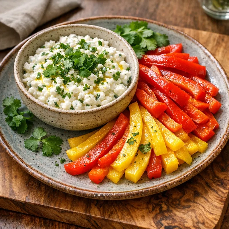 Tiras de Pimiento Morrón con Dip de Requesón al Cilantro