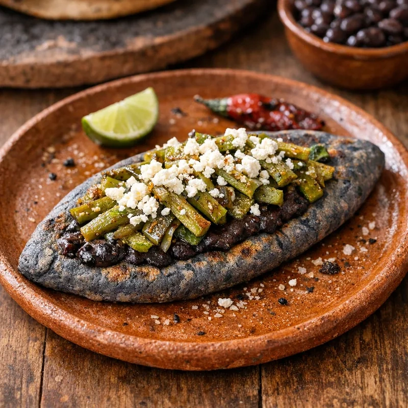 Tlacoyo de Maíz Azul al Comal con Nopales y Panela