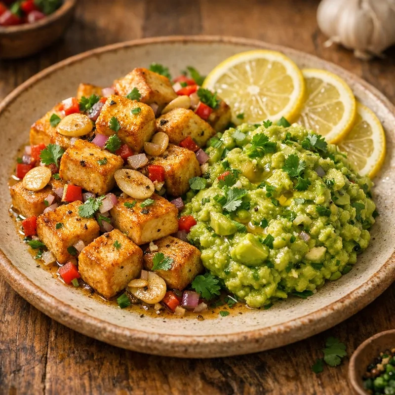 Tofu Firme al Ajillo Suave con Guacamole