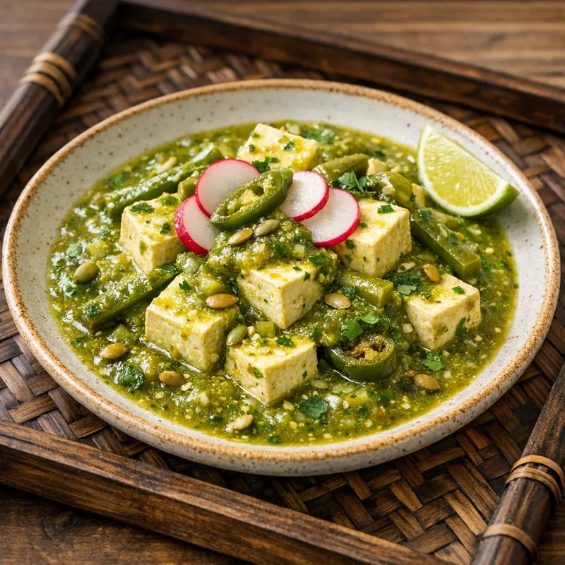 Tofu Firme en Salsa Verde de Tomatillo