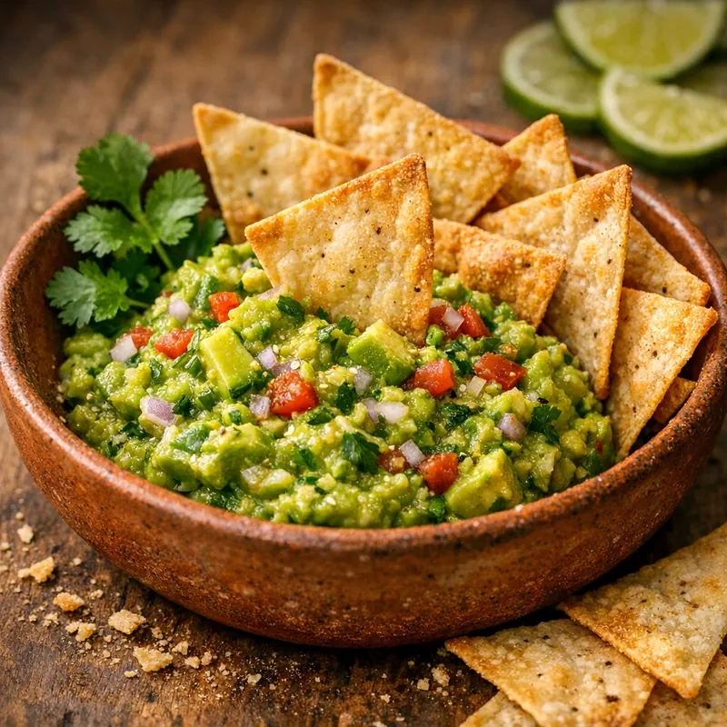 Totopos Horneados con Guacamole Fresco