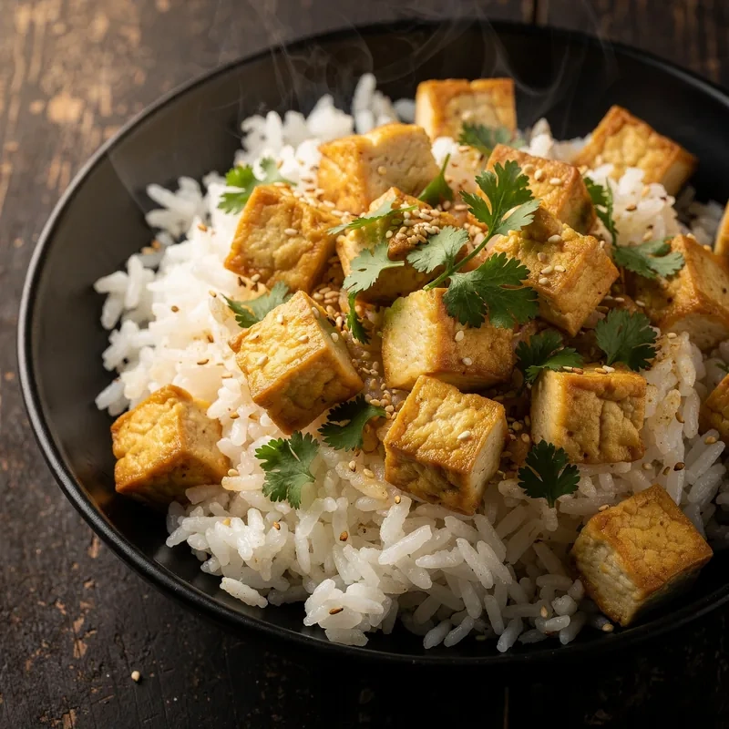Arroz Blanco con Tofu Firme en Cubos