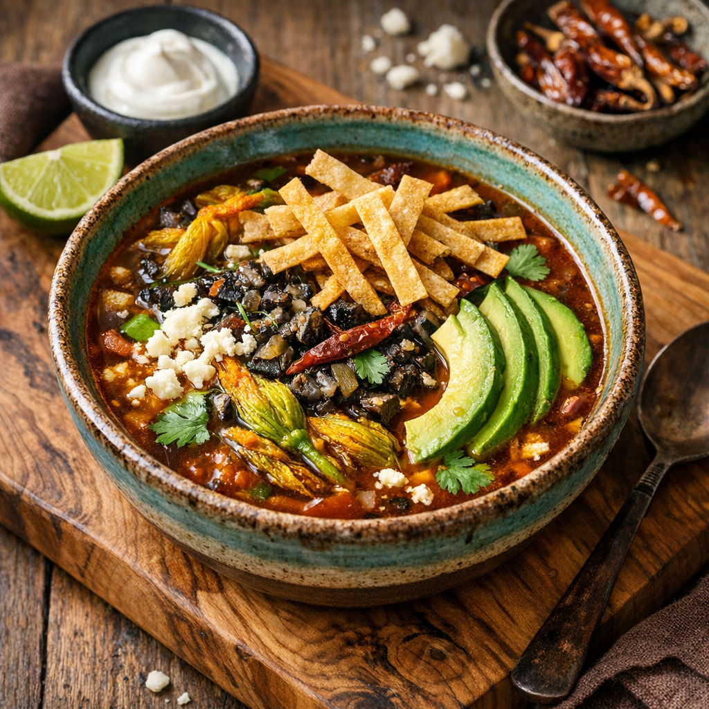 Sopa Azteca de Flor de Calabaza y Huitlacoche