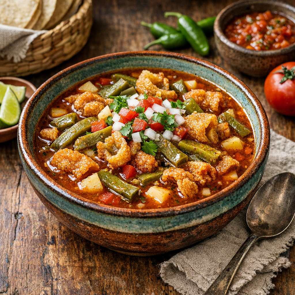 Sopa de Chicharrón e Hidalgo con Nopales